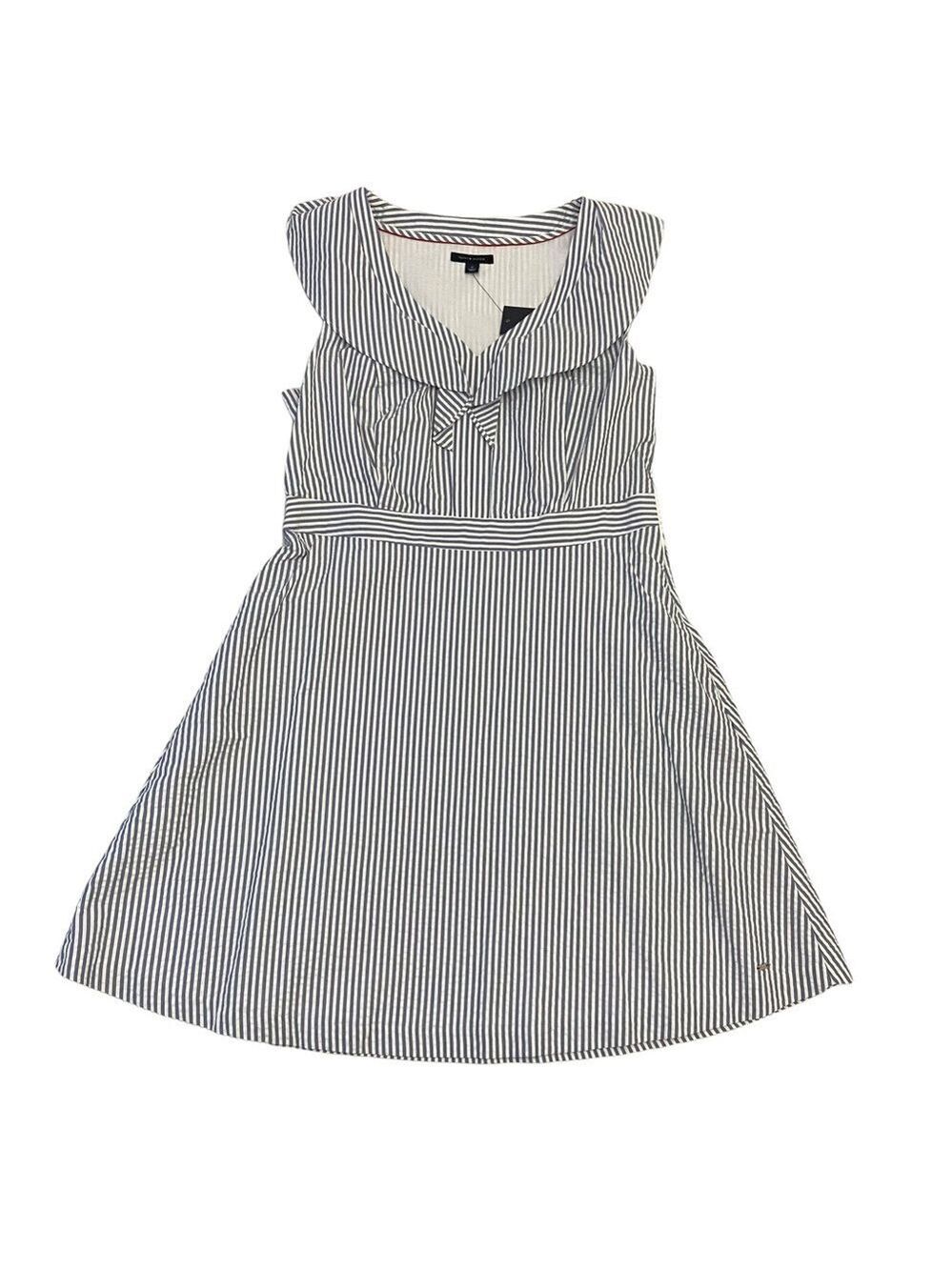 Tommy Hilfiger NWT dress white blue stripes 100%cotton sleeveless V neck size 14